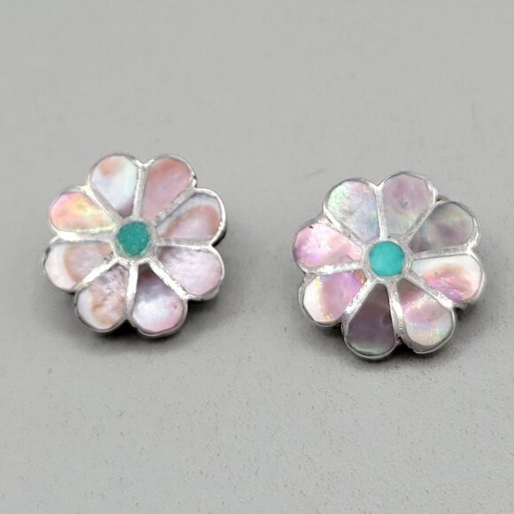 Vintage Pink Mother of Pearl Turquoise Flower Silver Tone Clip On Earrings - Picture 2 of 5